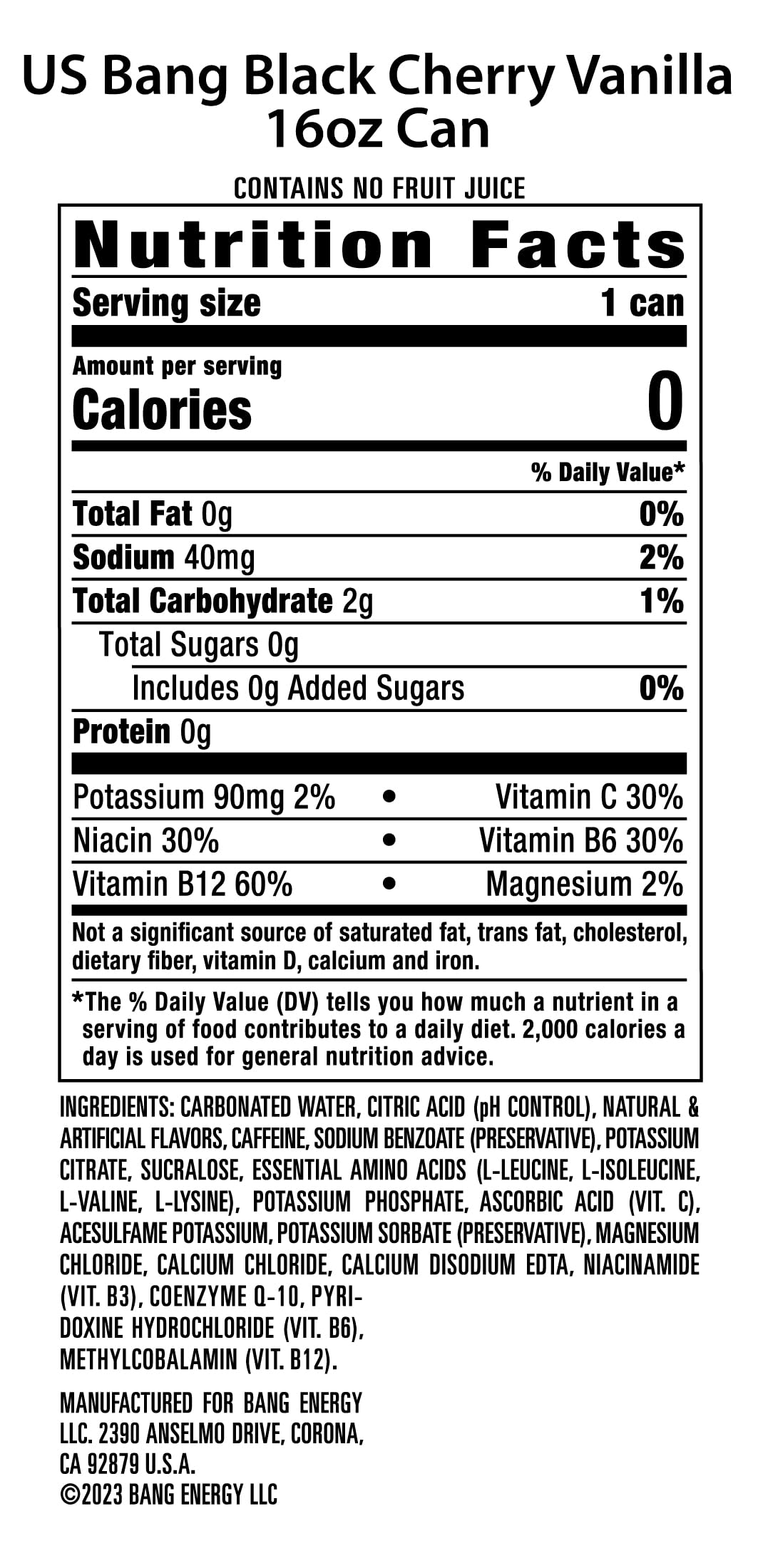 Bang Energy Black Cherry Vanilla, Sugar-Free Energy Drink, 16-Ounce