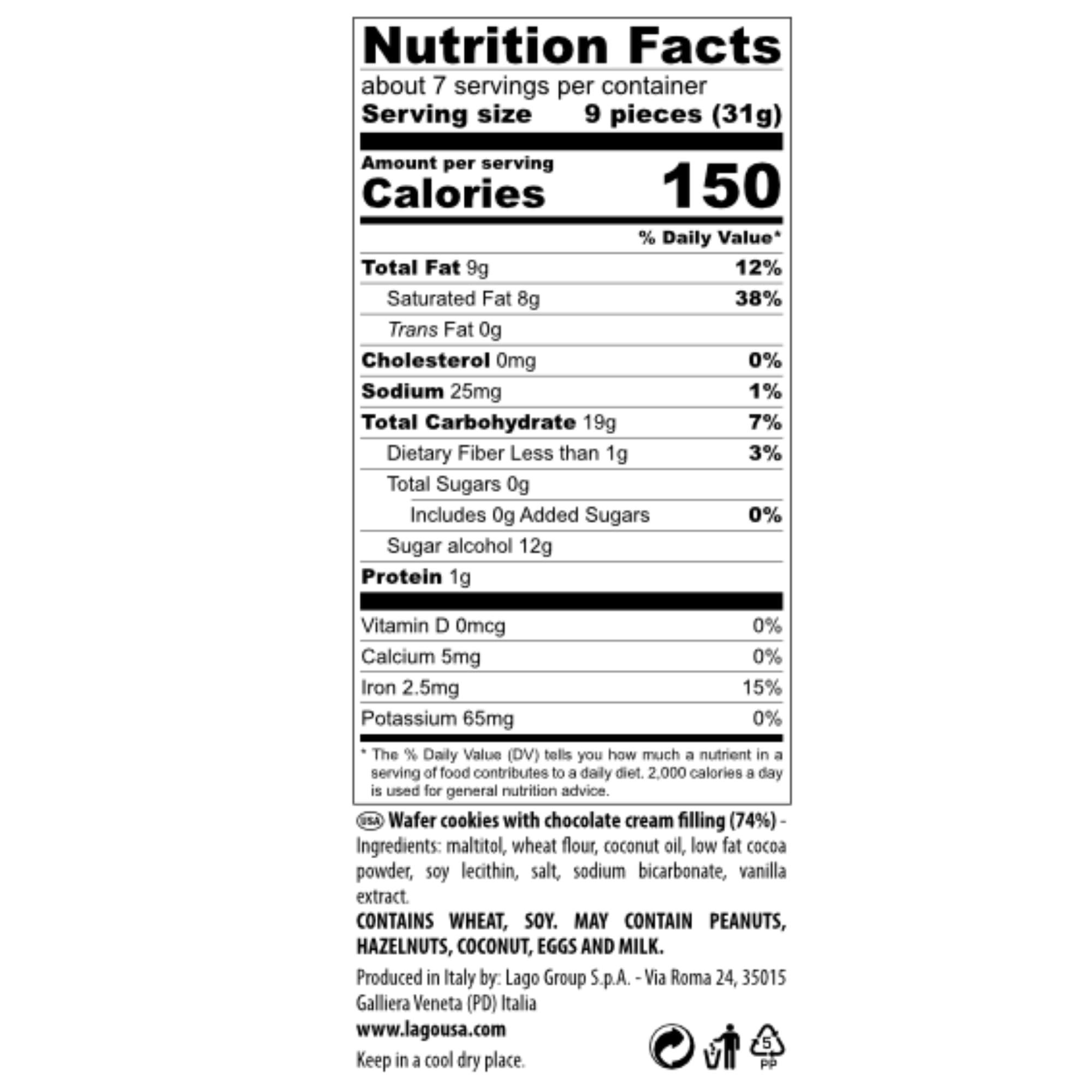 Gastone Lago Party Wafers Cookies, Chocolate Sugar Free - 7.5 oz Each (2-Pack) | Italian Crispy Wafer Cookies with Creamy Chocolate Filling