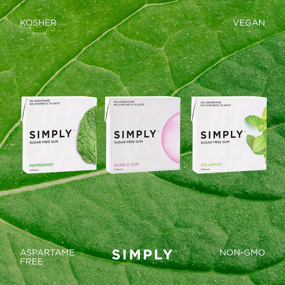 SIMPLY Gum | Dental Gum | Xylitol Chewing Gum- Sugar Free | Variety Pack- Bubblegum, Peppermint, Spearmint | Pack of Six (90 Pieces Total) | Synthetic