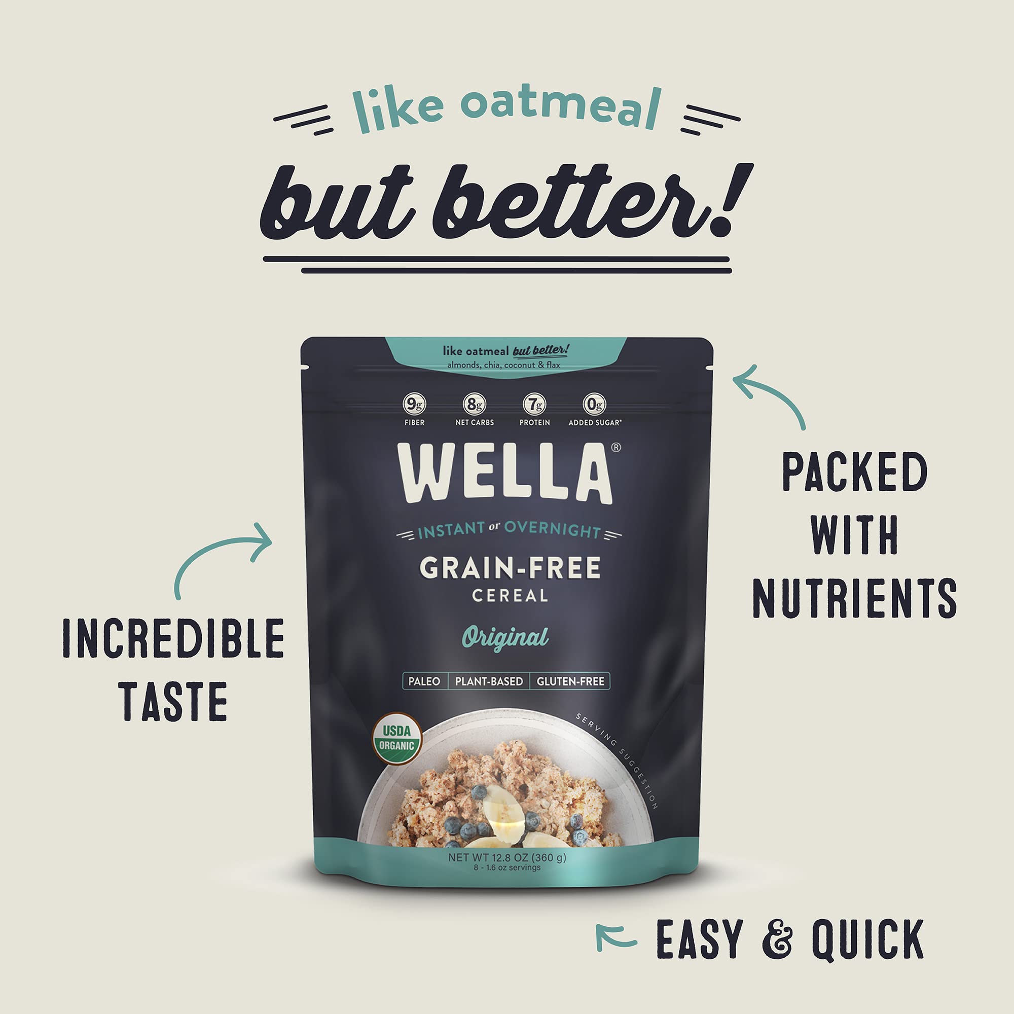 Wella Cereal Oatmeal Alternative, Gluten-Free Breakfast Hot Cereal, Grain-Free Paleo Organic Vegan High Protein Superfood, Plant-Based Non-GMO, Low in