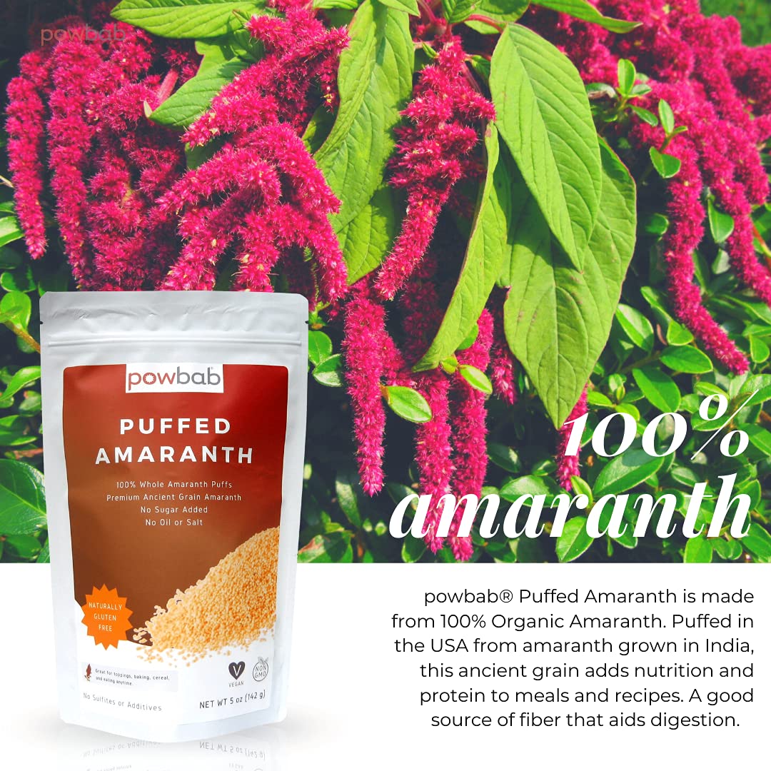 powbab Puffed Amaranth - 100% Organic Amaranth Popped in USA Whole Puffs. Good Protein Source, No Oil or Salt, No Sugar Added, Unsweetened Cereal