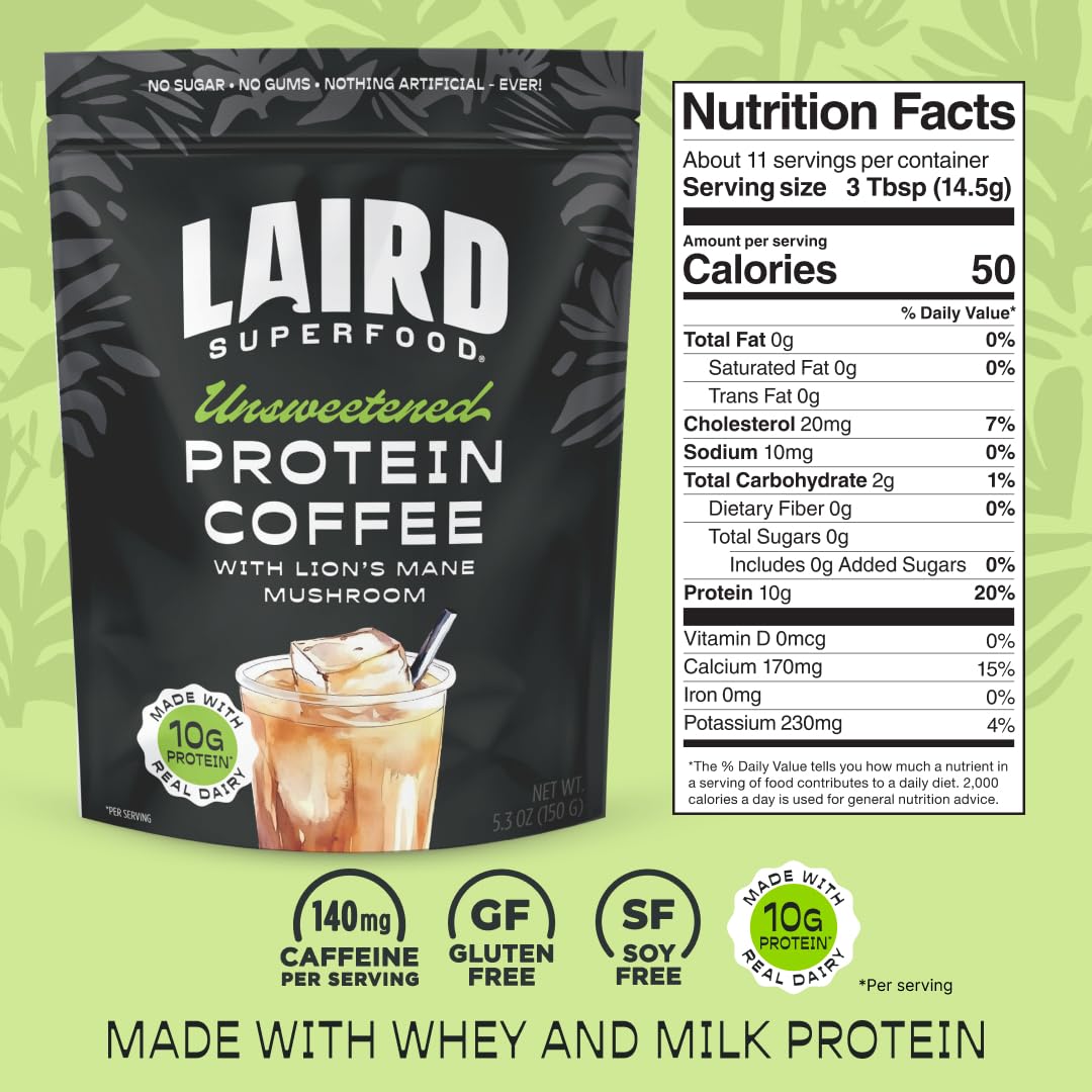 Laird Superfood Protein Coffee Powder - Unsweetened Whey Protein, Instant Coffee Mix with Lion’s Mane - 10G Protein, 140mg Caffeine, 0g Sugar