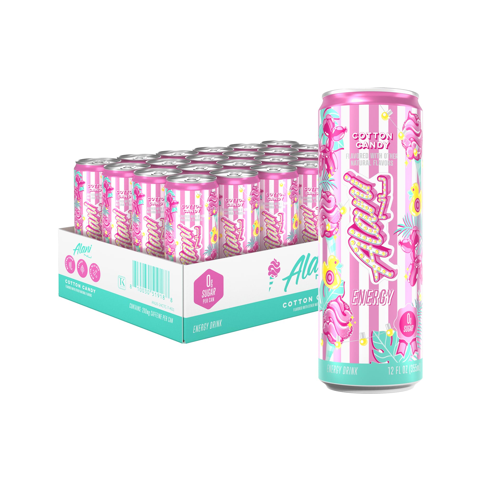 Alani Nu COTTON CANDY Sugar Free, Low Calorie Energy Drinks, 200mg Caffeine, Biotin B Vitamins, Zero Sugar, 10 Calories, 12 Fl Oz Cans, 24 Pack