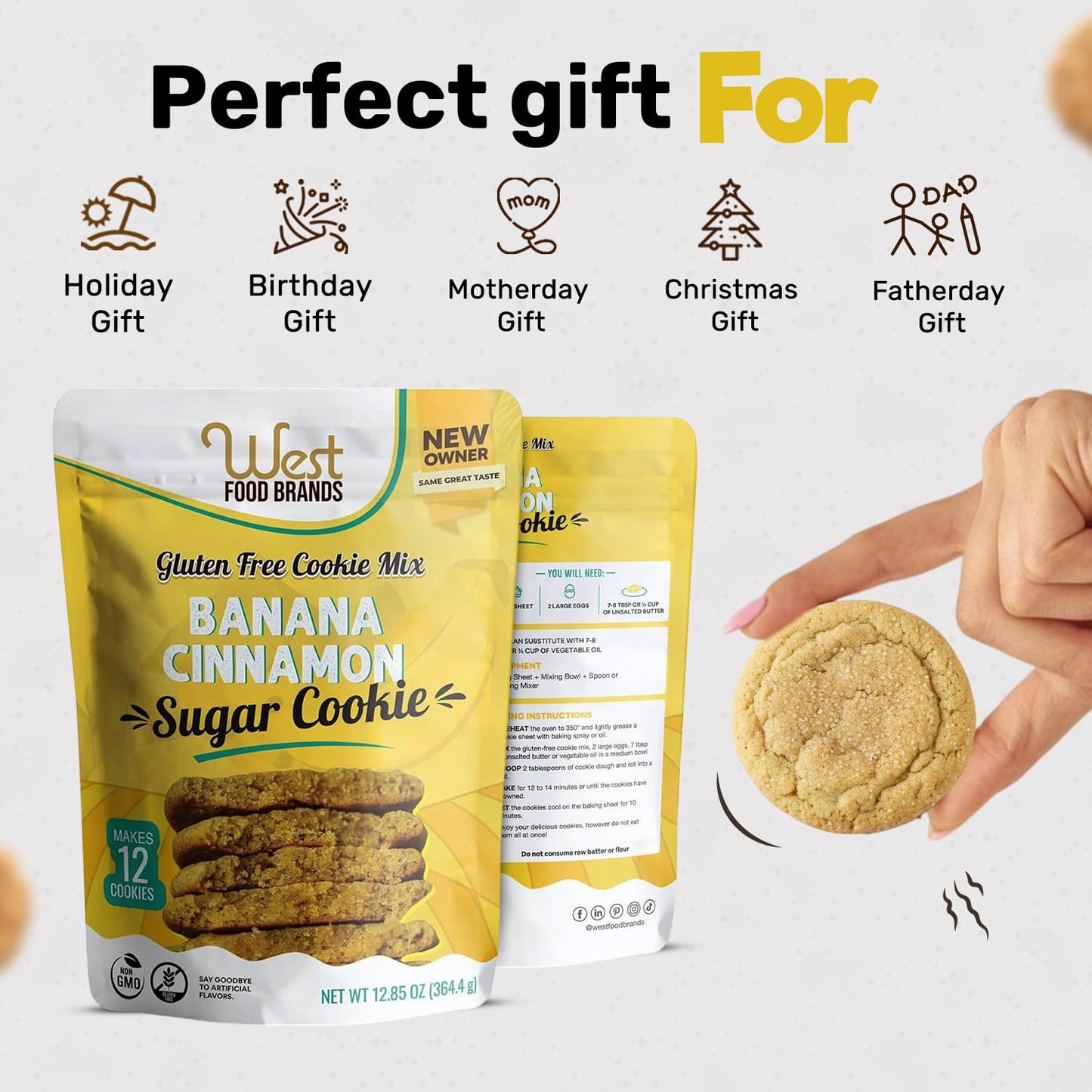 West Food Brands Real Banana Flavor Cinnamon Sugar Cookie Mix - Gluten Free Cookie Mix, Allergen Free & No Artificial Sweeteners - Natural Ingredients Cinnamon Cookies (1 Pack, 12 Cookies)