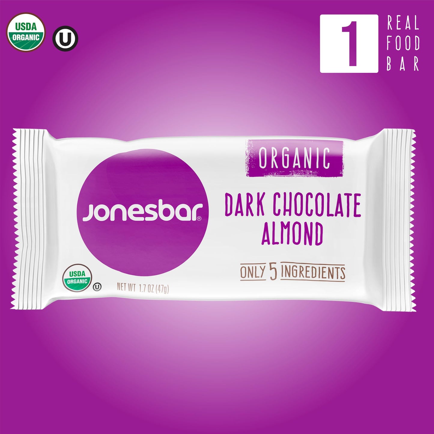 JONESBAR USDA Organic Fruit & Nut Bar, Non-GMO, Kosher, Vegan, Gluten Free, Simple Snack (Dark Chocolate Almond, 1 Bar (Pack of 1))