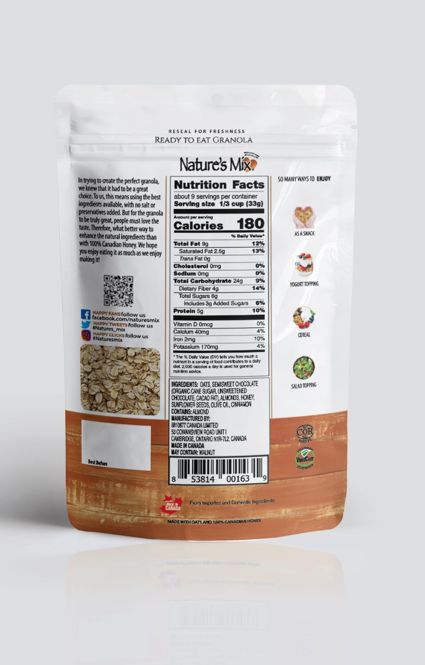 Gluten Free - Semisweet Chocolate Chip Granola - Dairy Free & Soy Free Chocolate - Vegetarian and Kosher Certified 10.60 oz