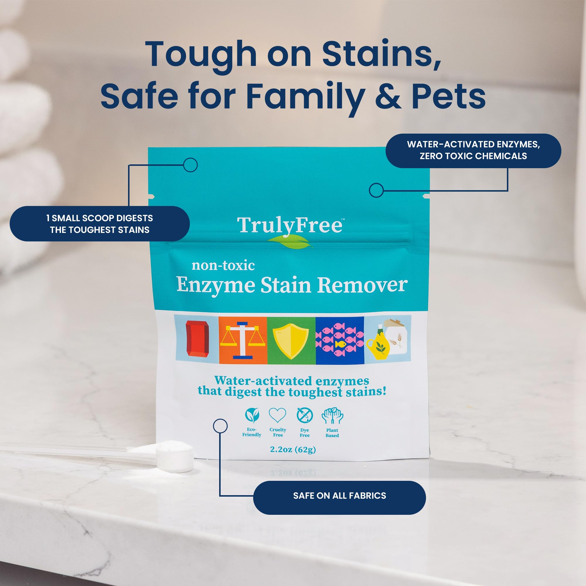 Truly Free Enzyme Laundry Stain Remover - Natural Laundry Detergent Booster for Blood, Grass, Pet Urine & Odor - Biological Washing Powder