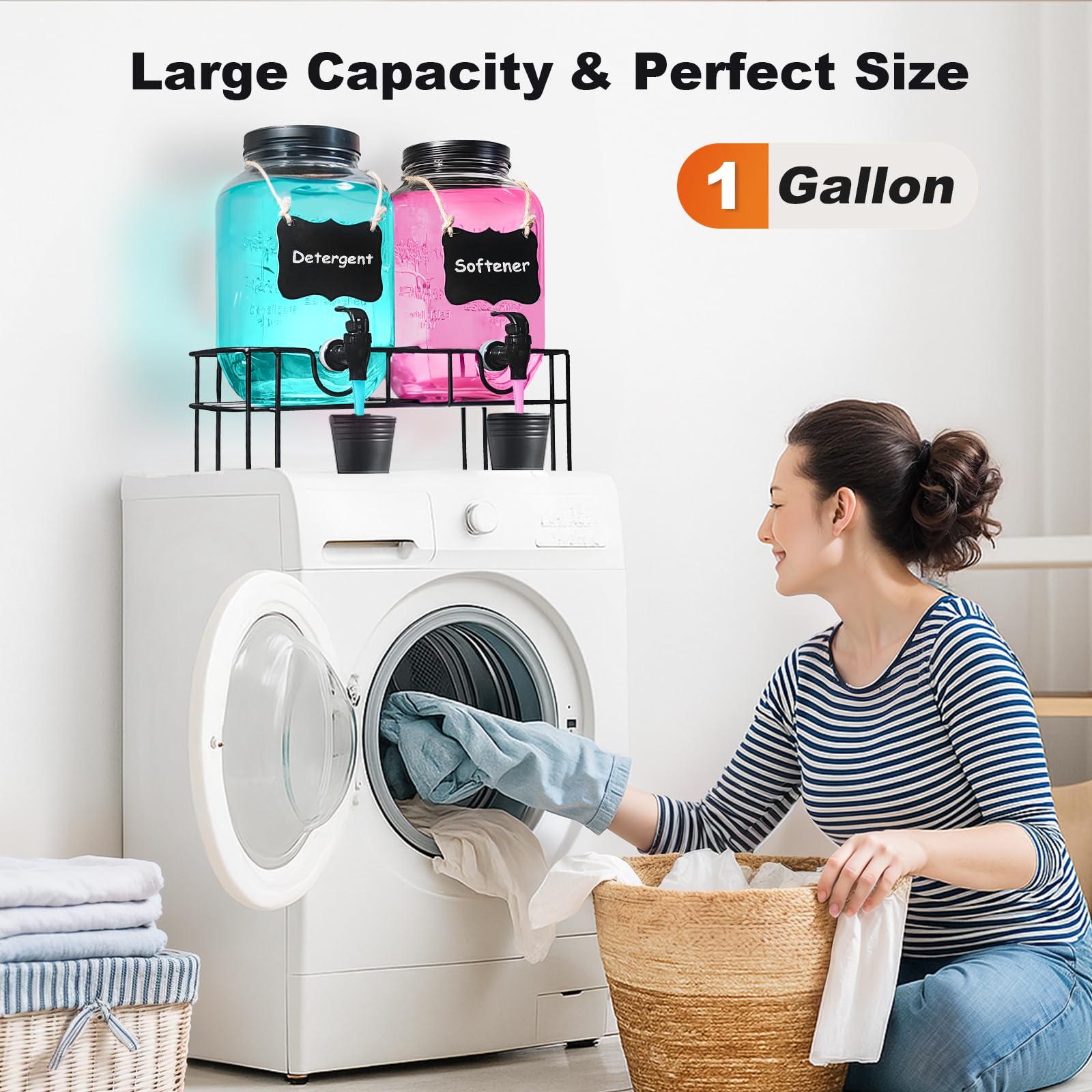 128OZ Laundry Detergent Dispenser, Glass Liquid Laundry Soap Dispenser, 2 Pack Fabric Softener Dispenser for Laundry Room