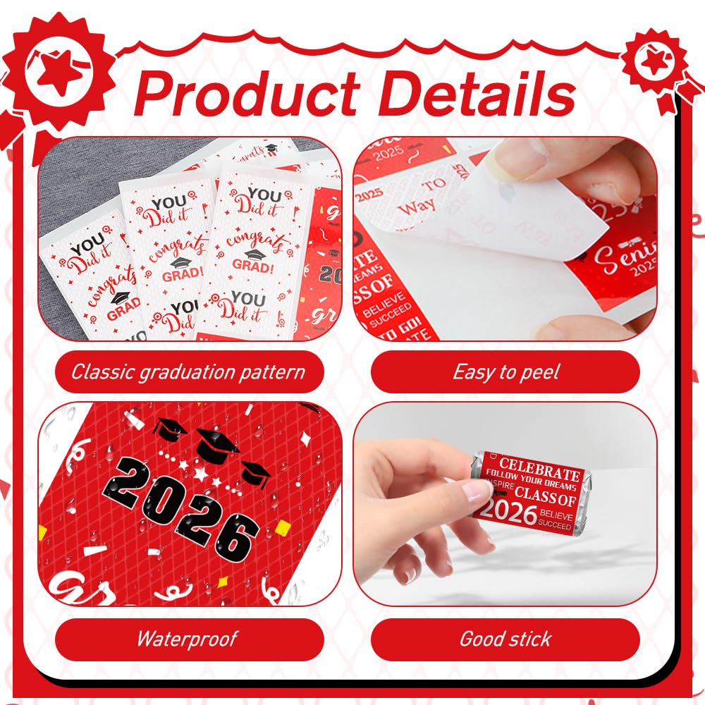 Graduation Party Decorations, 2026 Graduation Candy Stickers, 120 PCS Red White Congrats Grad Mini Candy Wrappers Class of 2026 Bar Label Sticker Gift