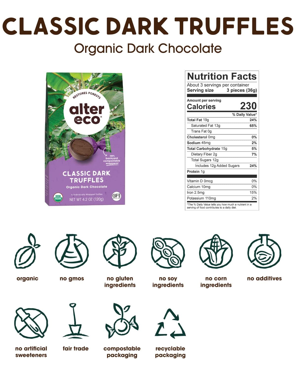 Alter Eco |Classic Dark Chocolate Truffles | Pure Dark Cocoa, Fair Trade, Organic, Non-GMO, Gluten Free (10 Count (Pack of 1))