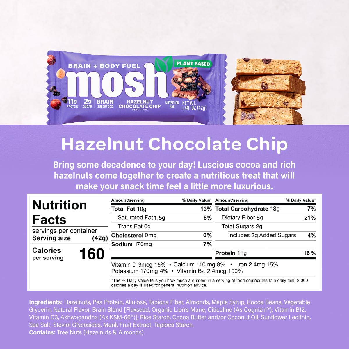 MOSH Hazelnut Chocolate Chip Vegan Protein Bars, Plant Based, Keto, Gluten Free, Brain Healthy Snack with Cognizin, Ashwagandha and Lion's Mane, 12