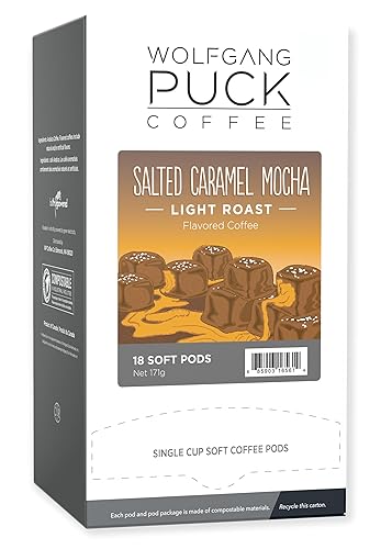 Wolfgang Puck Coffee, Salted Caramel Mocha, 9.5 Gram Soft Pods, 18 Count (Pack of 1)