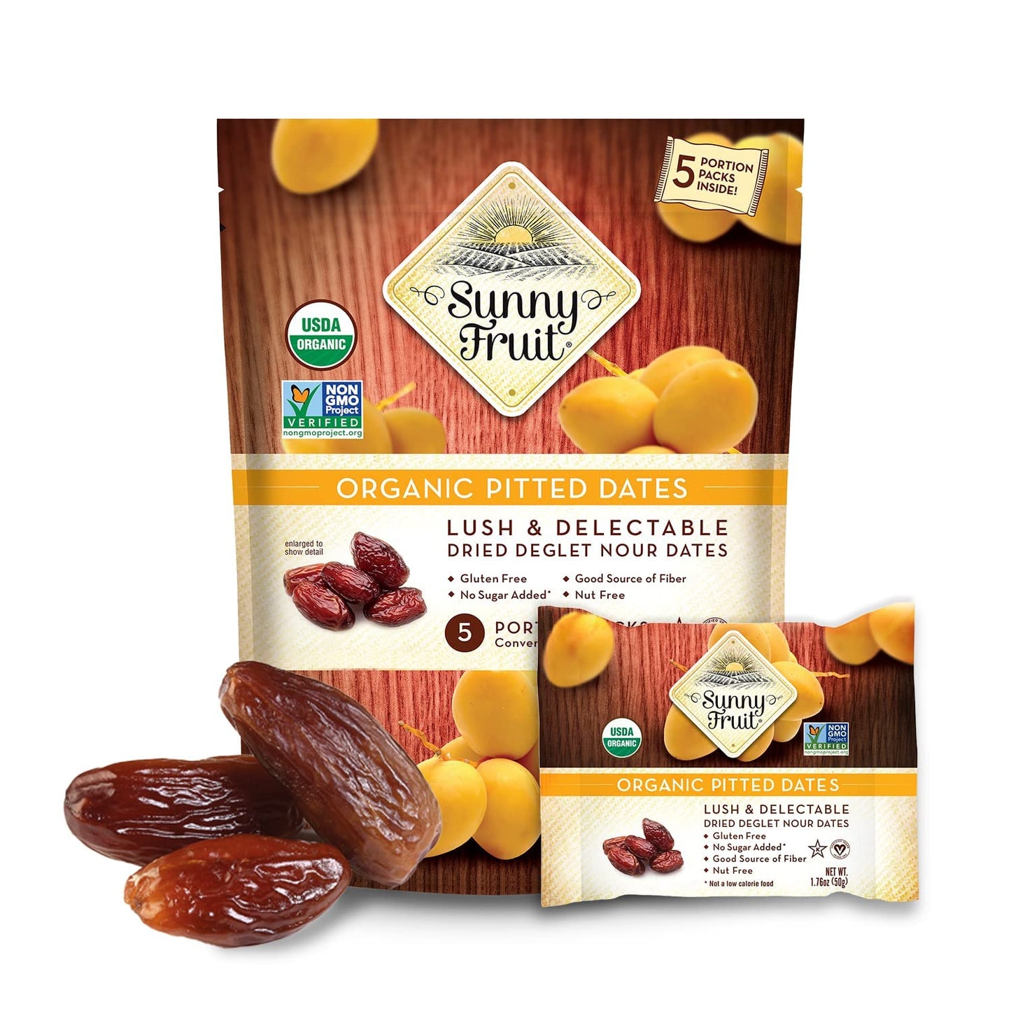 Sunny Fruit Organic Dried Pitted Deglet Nour Dates - 1 Bag (5 Individual Portion Packs) | No Preservatives, No Sugar Added | Healthy, Convenient