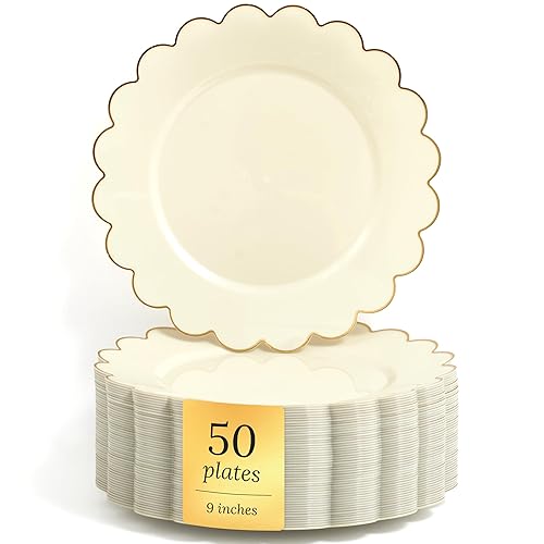 Sparkle and Bash Bulk 50 Pack Scalloped Plates - 9 Inch Ivory Plastic Plate with Elegant Gold Rim - Fancy Disposable Plates for Party, Birthday