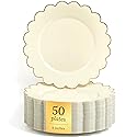 Sparkle and Bash Bulk 50 Pack Scalloped Plates - 9 Inch Ivory Plastic Plate with Elegant Gold Rim - Fancy Disposable Plates for Party, Birthday