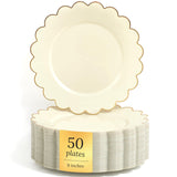 Sparkle and Bash Bulk 50 Pack Scalloped Plates - 9 Inch Ivory Plastic Plate with Elegant Gold Rim - Fancy Disposable Plates for Party, Birthday