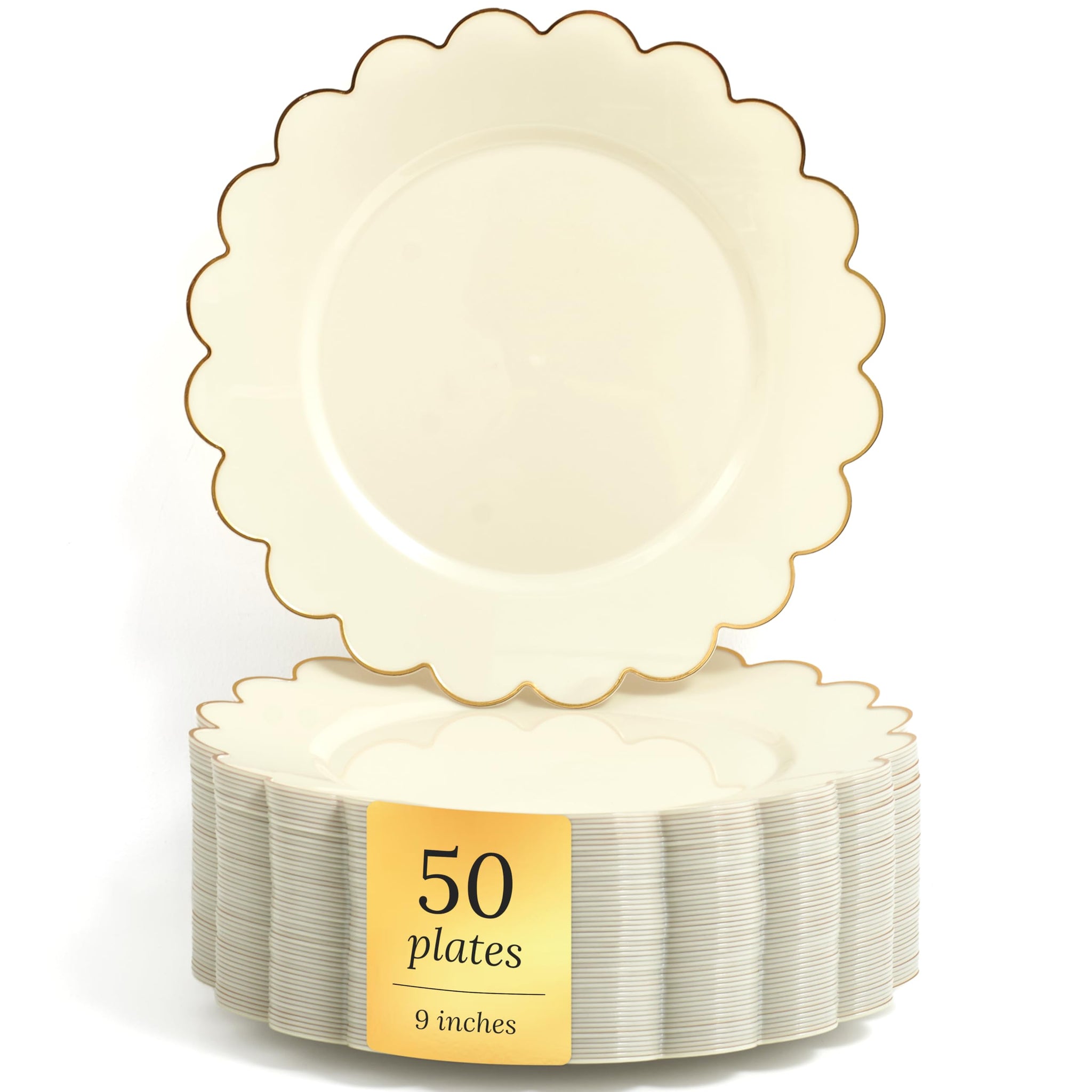 Sparkle and Bash Bulk 50 Pack Scalloped Plates - 9 Inch Ivory Plastic Plate with Elegant Gold Rim - Fancy Disposable Plates for Party, Birthday