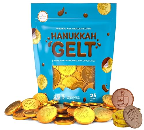 The Dreidel Company 25-Count Hannukah Premium Belgian Milk Chocolate Candy Coins, Gold with Hanukkah Menorah and Dreidel Design Gelt, (25 Coins)