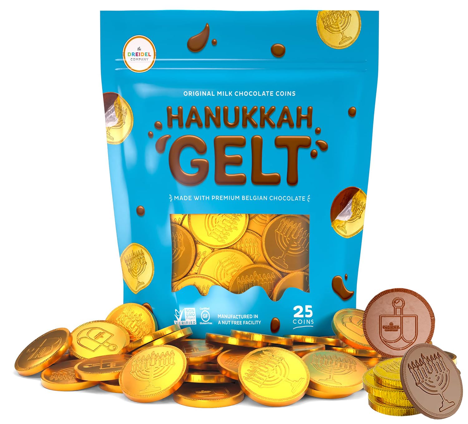 The Dreidel Company 25-Count Hannukah Premium Belgian Milk Chocolate Candy Coins, Gold with Hanukkah Menorah and Dreidel Design Gelt, (25 Coins)