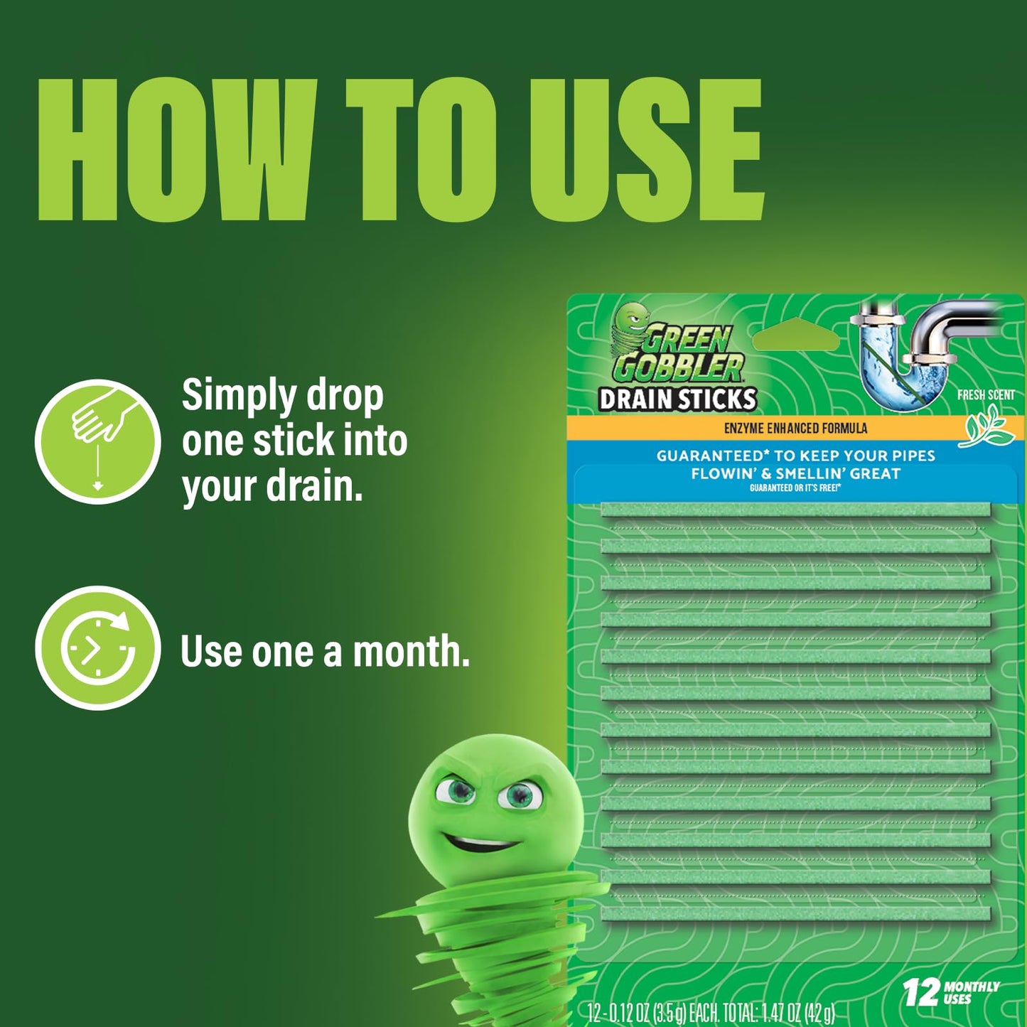 Green Gobbler Drain Cleaner & Deodorizer FRESH SCENT Sticks for Toilet Tanks, Sinks, Bathtub Drains, Washing Machine Drains and Garbage Disposals - 24