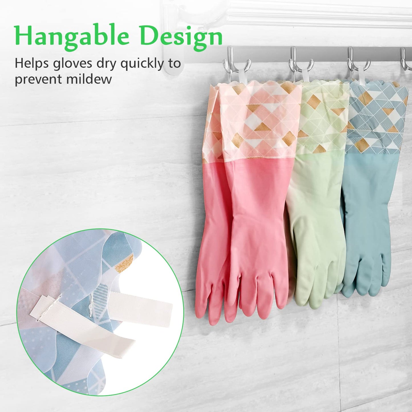 Yiomxhi Household Cleaning Gloves 3 Pairs Reusable Dishwashing Gloves Latex Free, Non-Slip Kitchen Glove with Cotton Lined, Waterproof Dish Washing