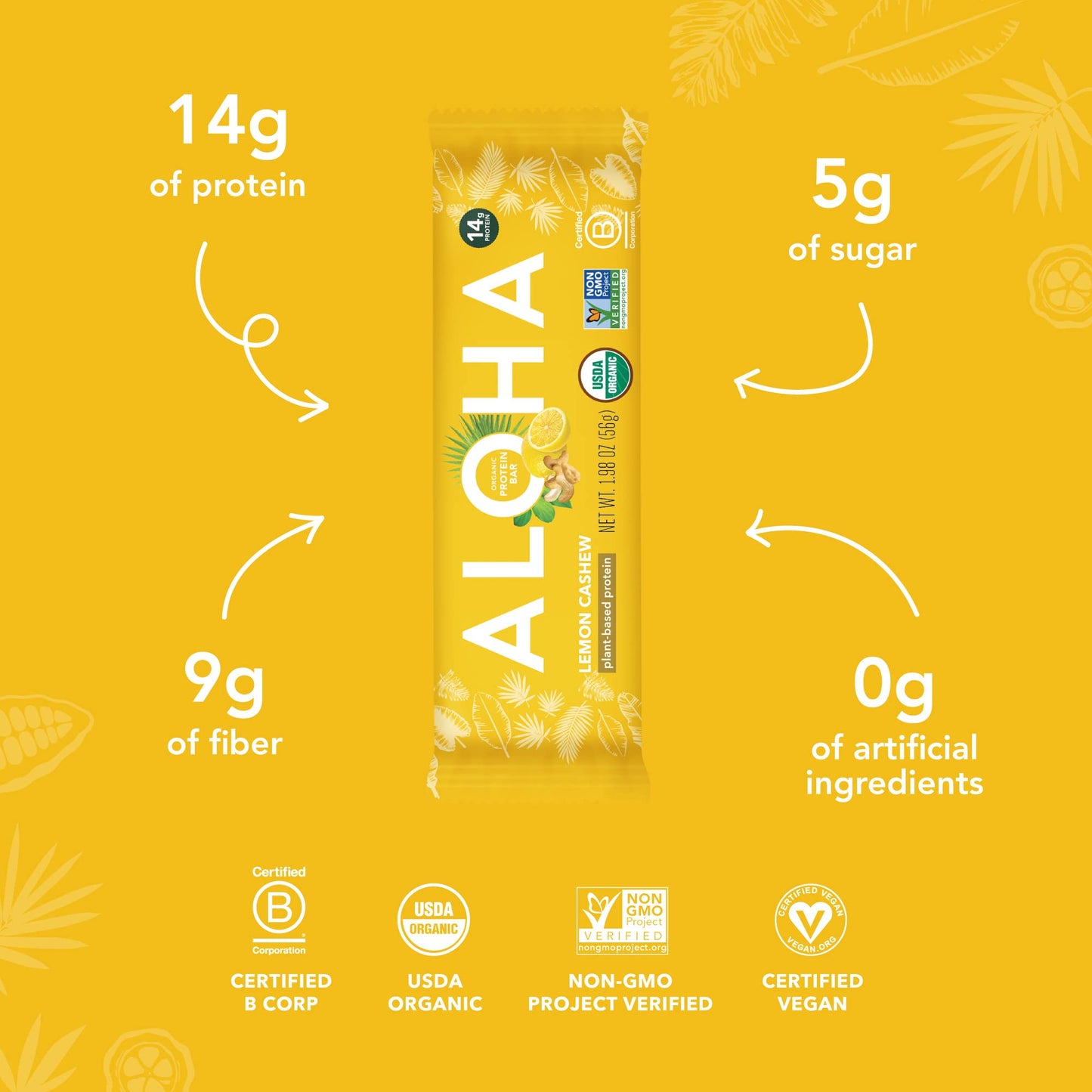 ALOHA Organic Plant Based Protein Bars - Lemon Cashew - 12-Count - Vegan, Low Sugar, Gluten-Free, Paleo, Low Carb, Non-GMO, No Stevia & No Erythritol