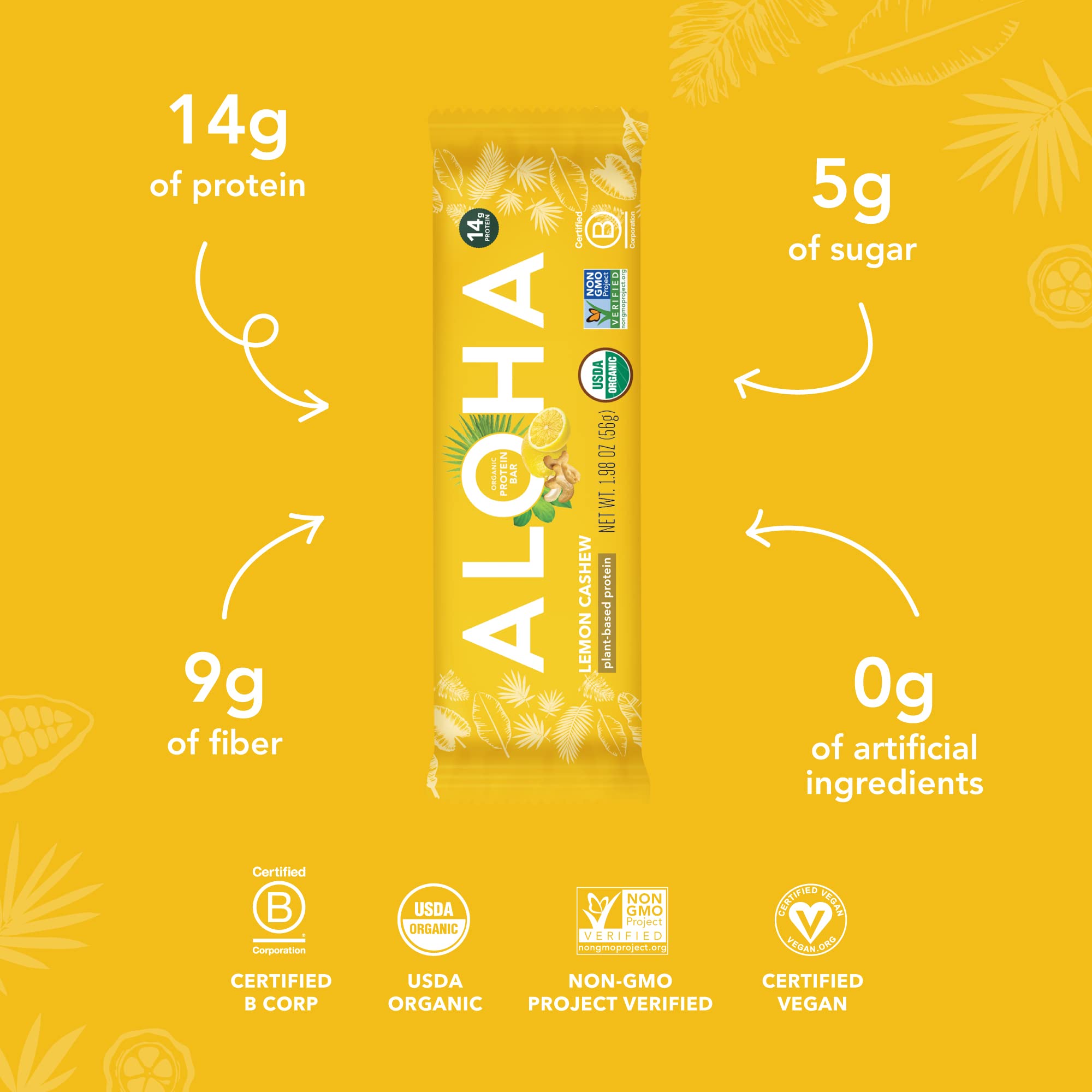 ALOHA Organic Plant Based Protein Bars - Lemon Cashew - 12-Count - Vegan, Low Sugar, Gluten-Free, Paleo, Low Carb, Non-GMO, No Stevia & No Erythritol