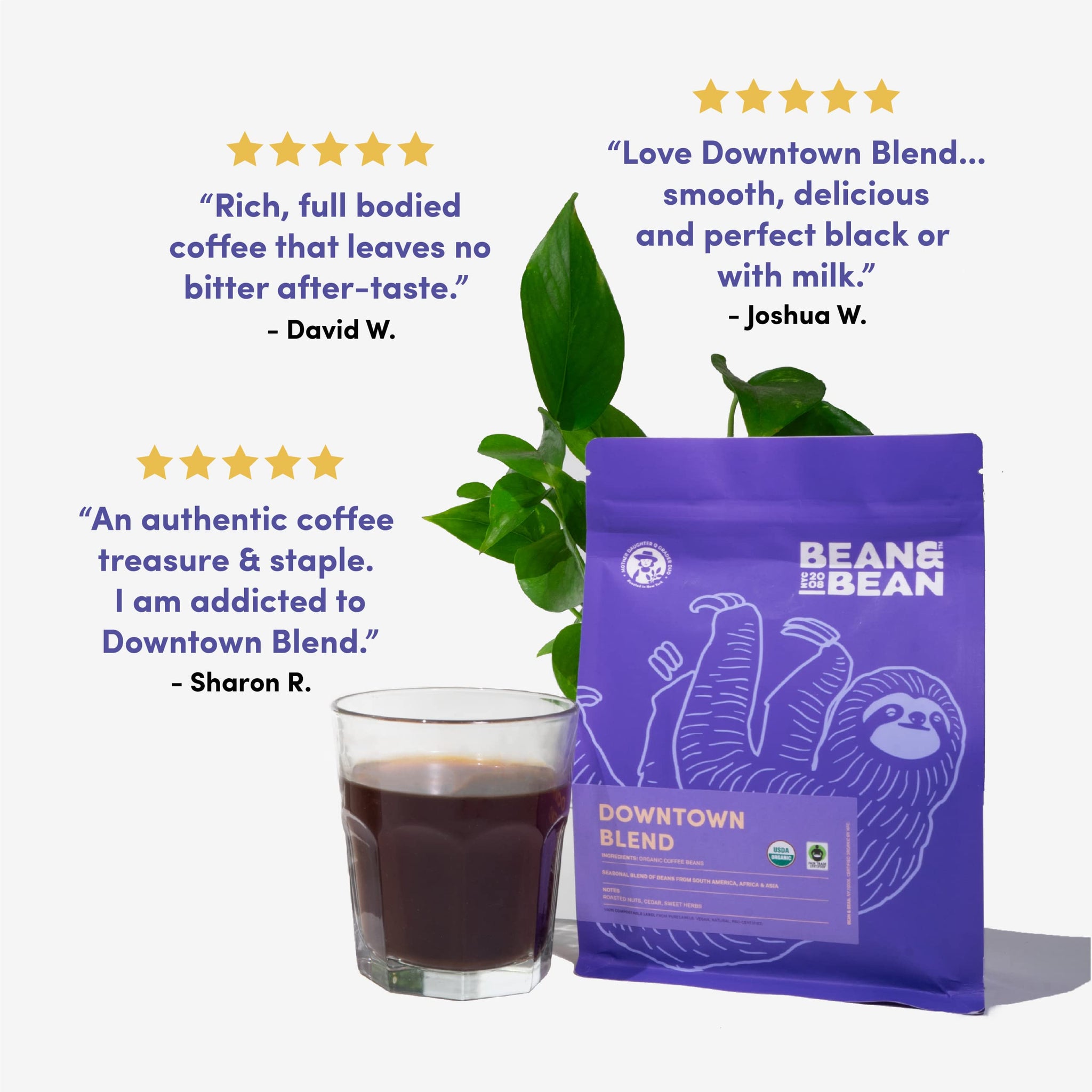 Bean & Bean Downtown Medium Roast - Organic Ground Blend Coffee - Creamy, Clean and Smooth Fair Trade Coffee - Ideal Espresso Ground Coffee Medium