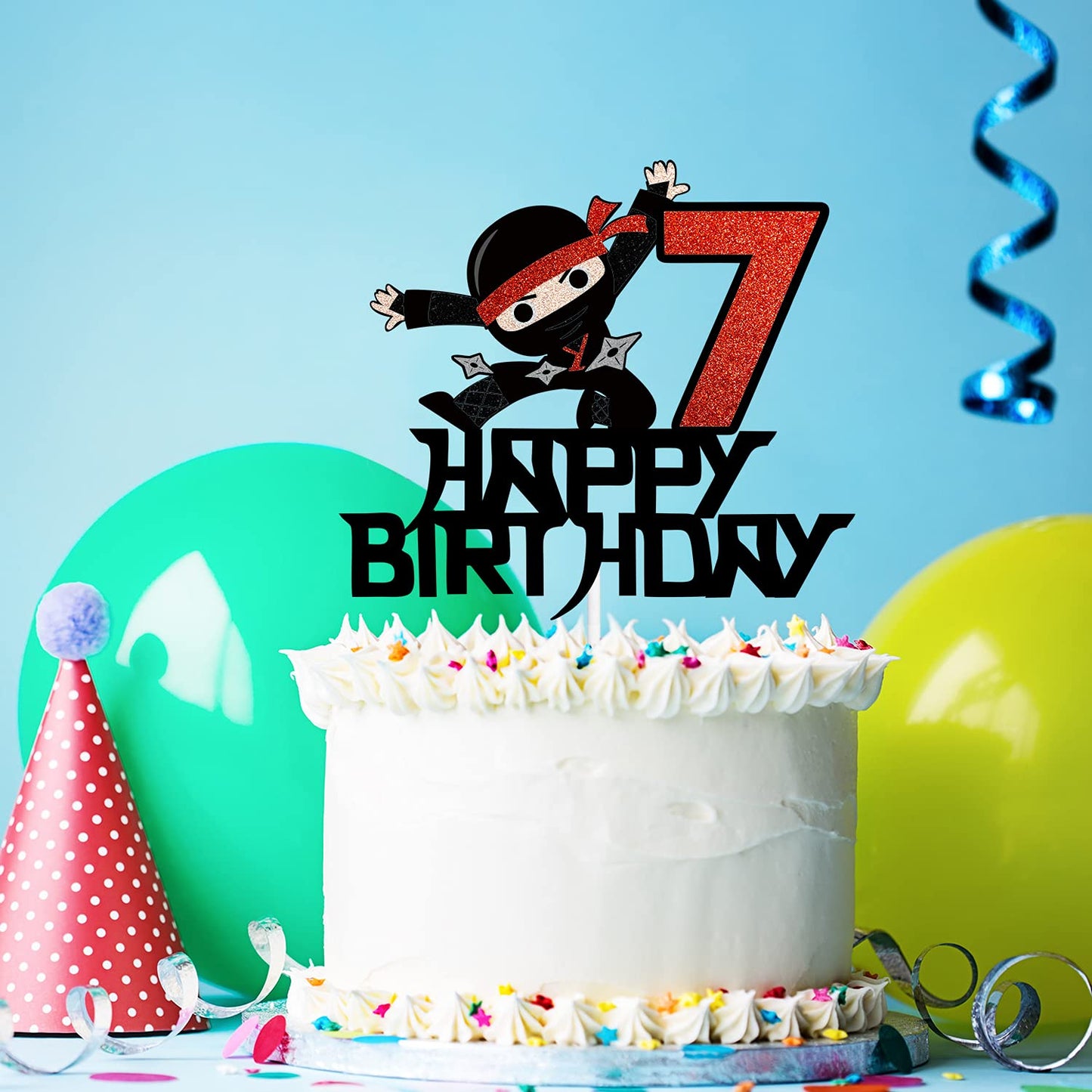 7th Happy Birthday Cake Topper Kung FU Ninja Themed Karate Boy Girl Glitter Party Cake Decorations