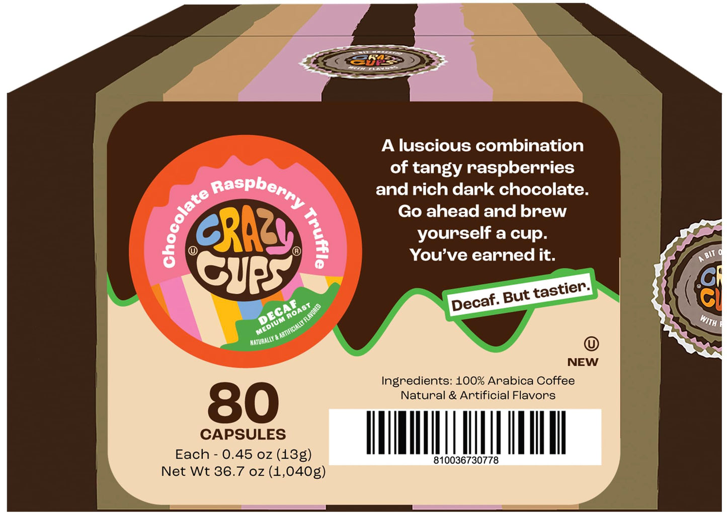 Crazy Cups Decaf Flavored Coffee Pods, Decaffeinated Chocolate Raspberry Truffle Flavored Coffee, Single Serve Hot or Iced Medium Roast Coffee