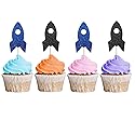 24PCS Rocket Ship Cupcake Toppers, Baby Shower Party Decor for Boys, Astronaut Dessert Picks, Outer Space Themed Birthday Party Decoration - Blue