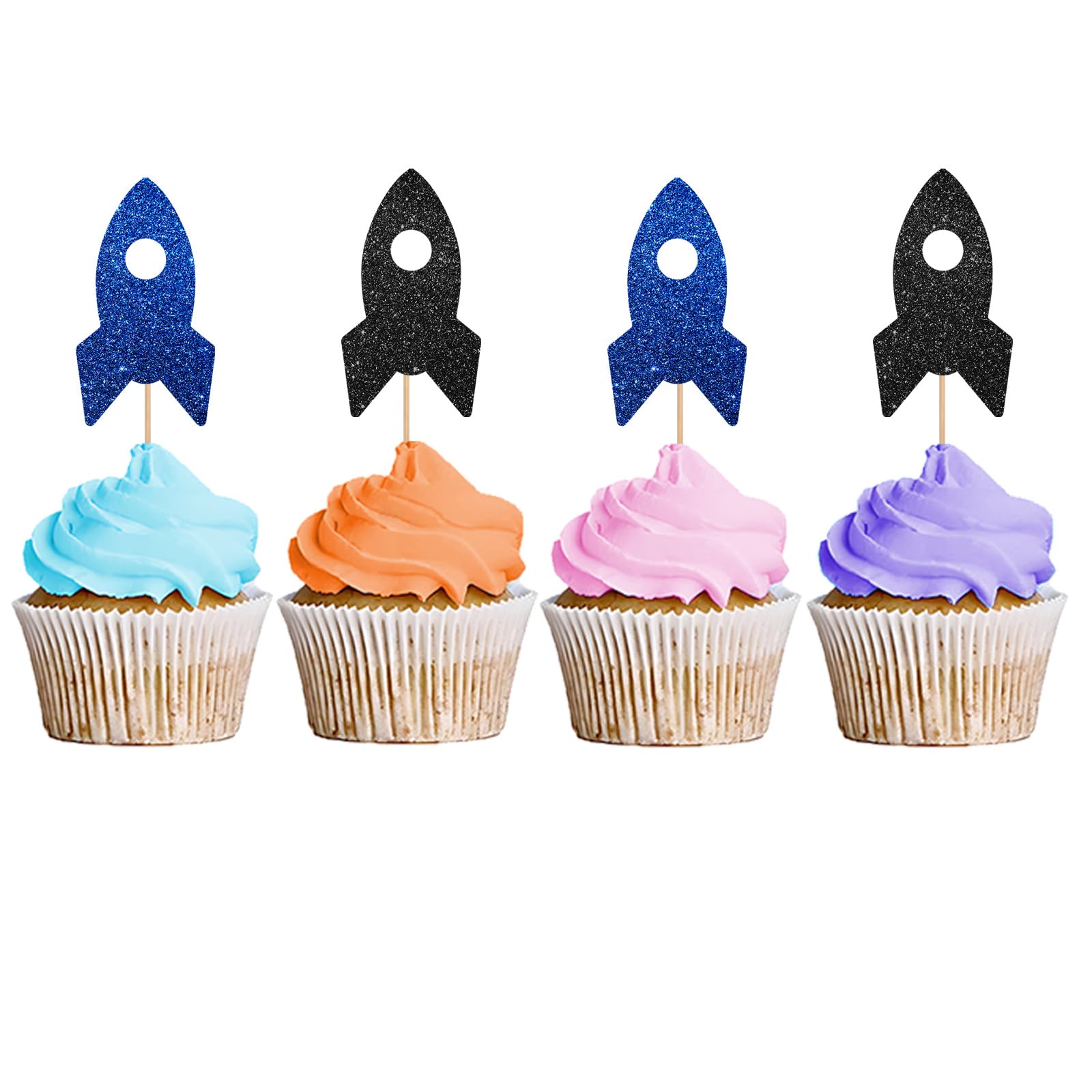 24PCS Rocket Ship Cupcake Toppers, Baby Shower Party Decor for Boys, Astronaut Dessert Picks, Outer Space Themed Birthday Party Decoration - Blue
