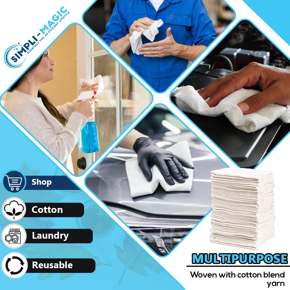 Simpli-Magic Cotton Shop Towels 14"x12" (90 Pack) - Reusable Cleaning Shop Rags for Automobiles, Industries, Garage and Homes (White)
