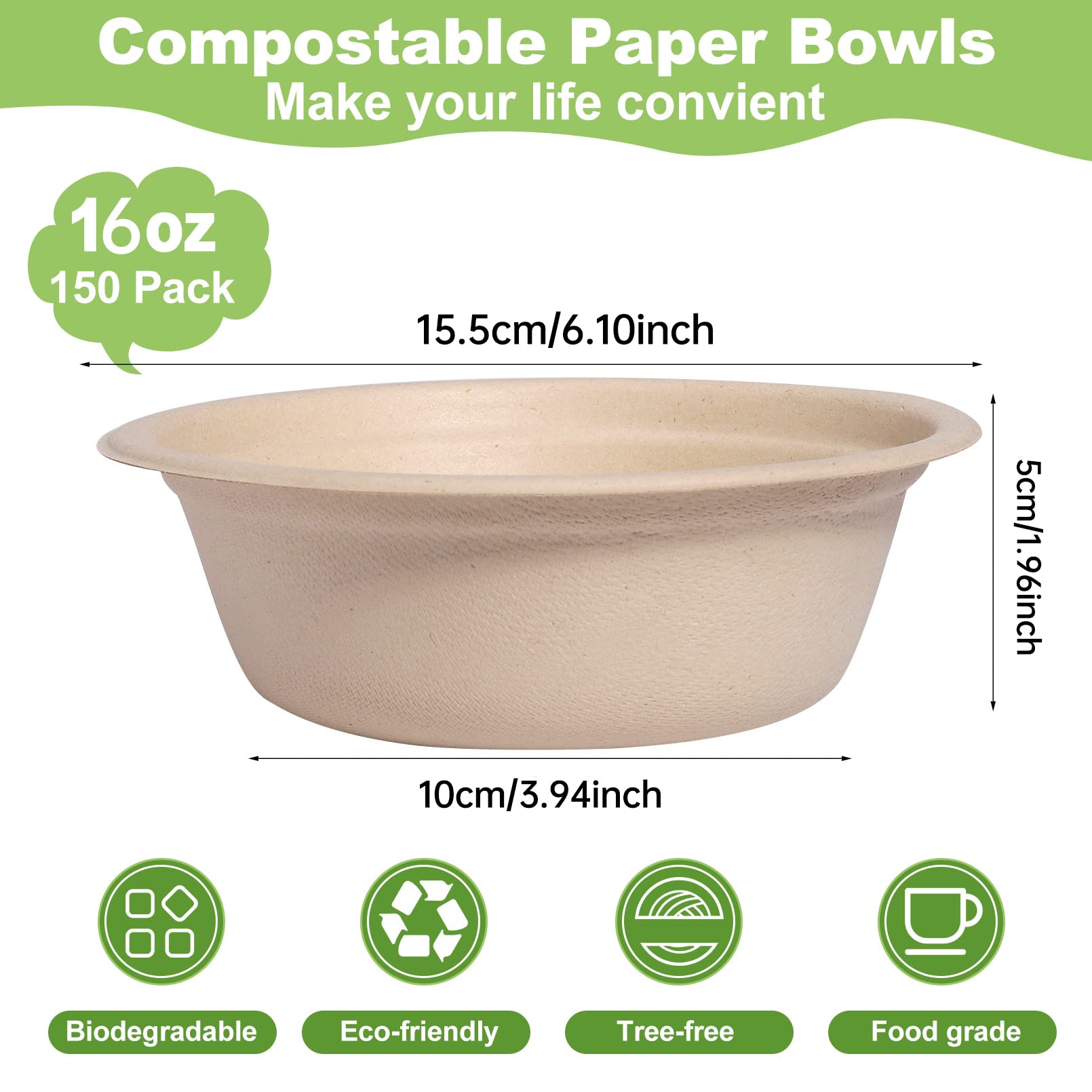 150 Pack Compostable Paper Bowls,16oz Heavy-Duty Disposable Paper Bowls,Natural Wheatstraw Fiber Compostable Bowls,Eco-friendly Disposable Soup Bowls