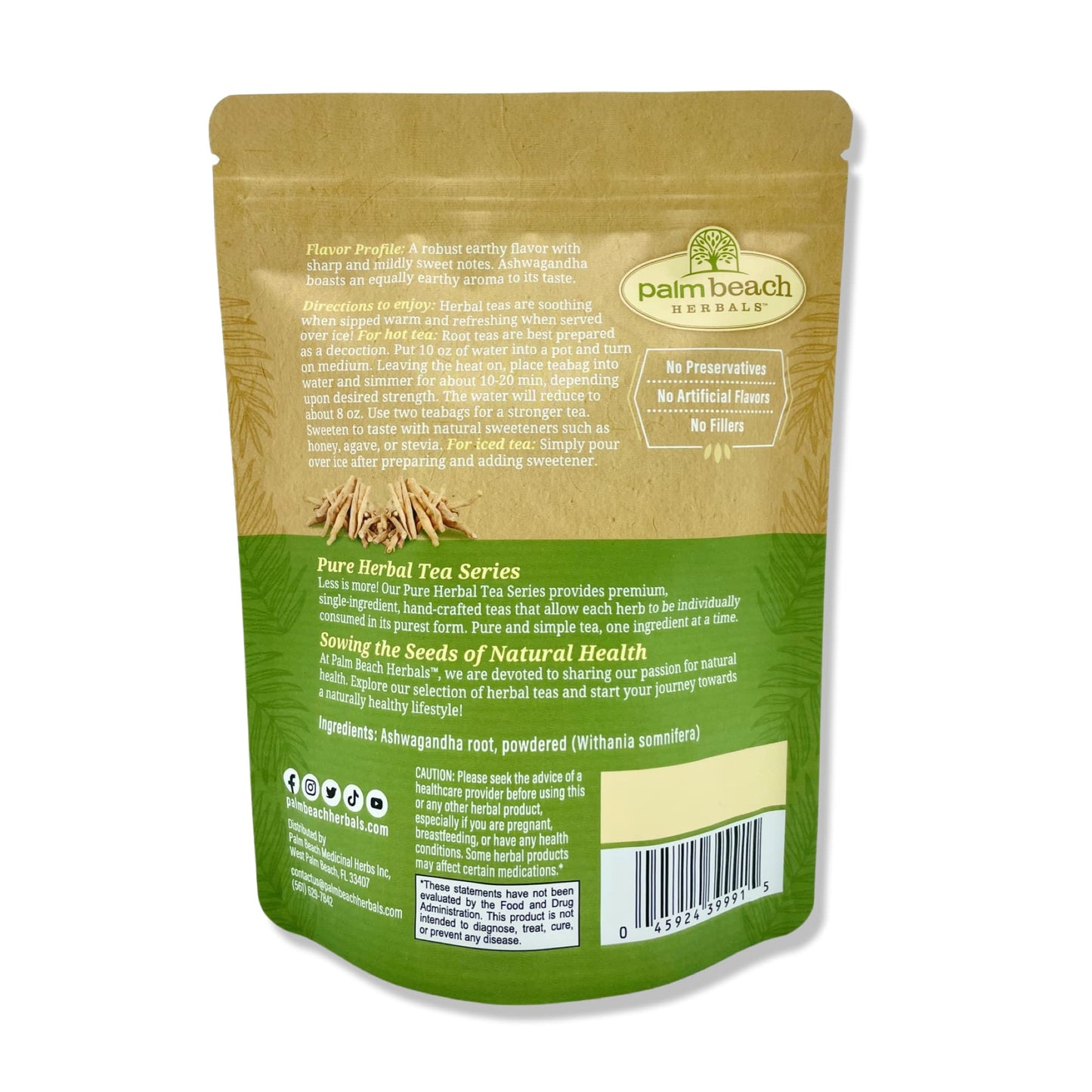 Palm Beach Medicinal Herbs - Ashwagandha Root Tea - Pure Herbal Tea Series, 30ct