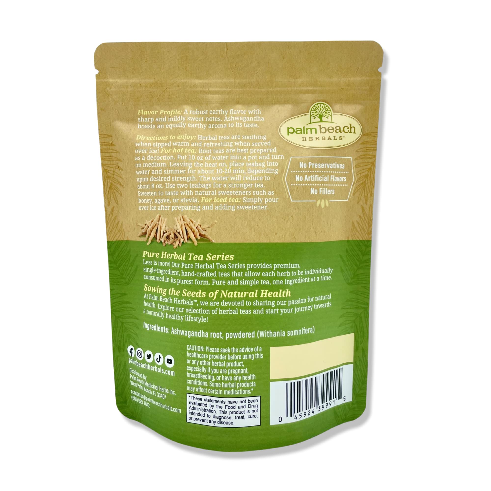 Palm Beach Medicinal Herbs - Ashwagandha Root Tea - Pure Herbal Tea Series, 30ct
