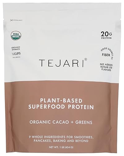 TEJARI Organic Plant Based Protein Blend | Organic Cacao | 16 oz, 16 Servings | Vegan, Low Sugar, Gluten Free, Low Carb, Non-GMO, Stevia Free, Soy