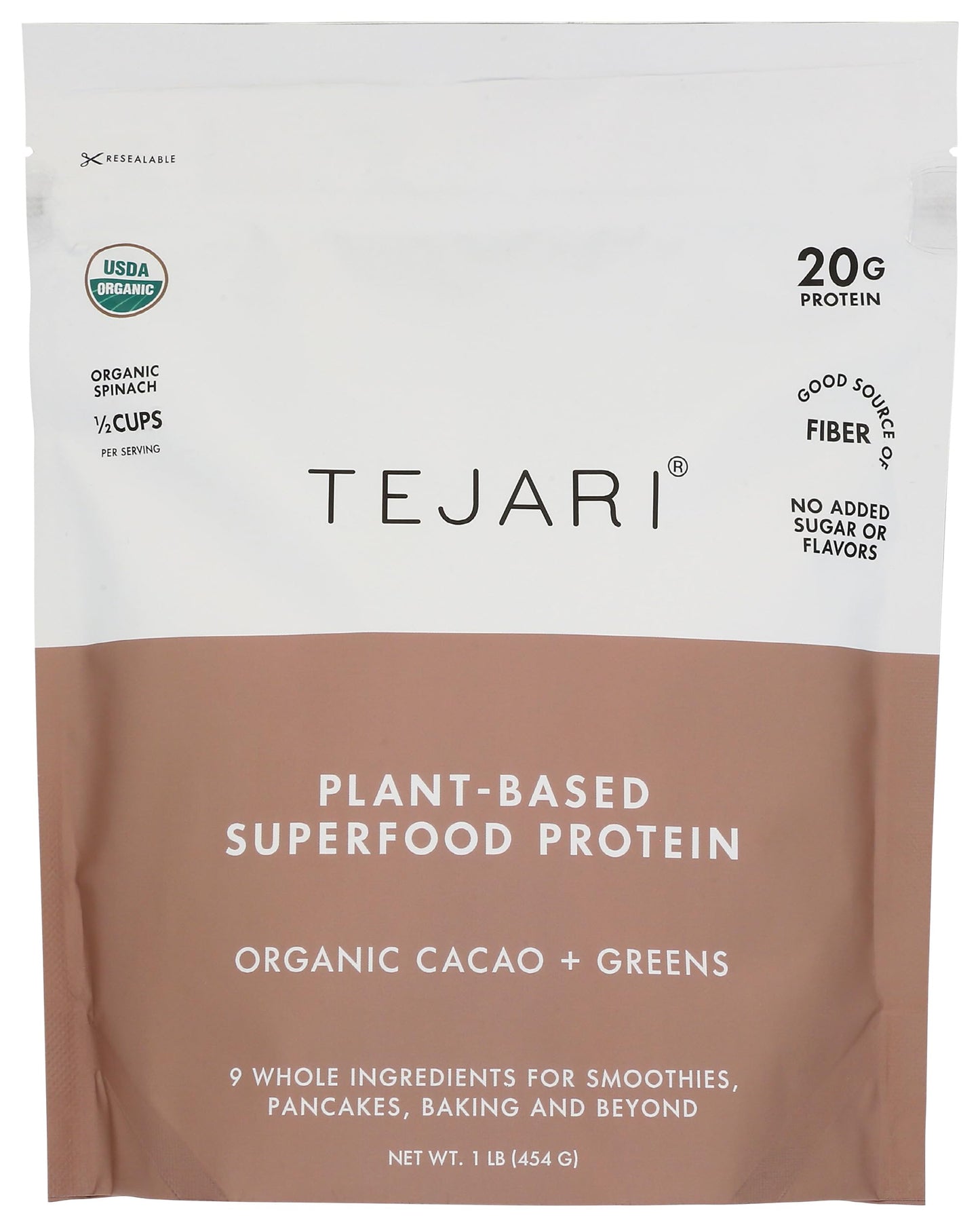 TEJARI Organic Plant Based Protein Blend | Organic Cacao | 16 oz, 16 Servings | Vegan, Low Sugar, Gluten Free, Low Carb, Non-GMO, Stevia Free, Soy