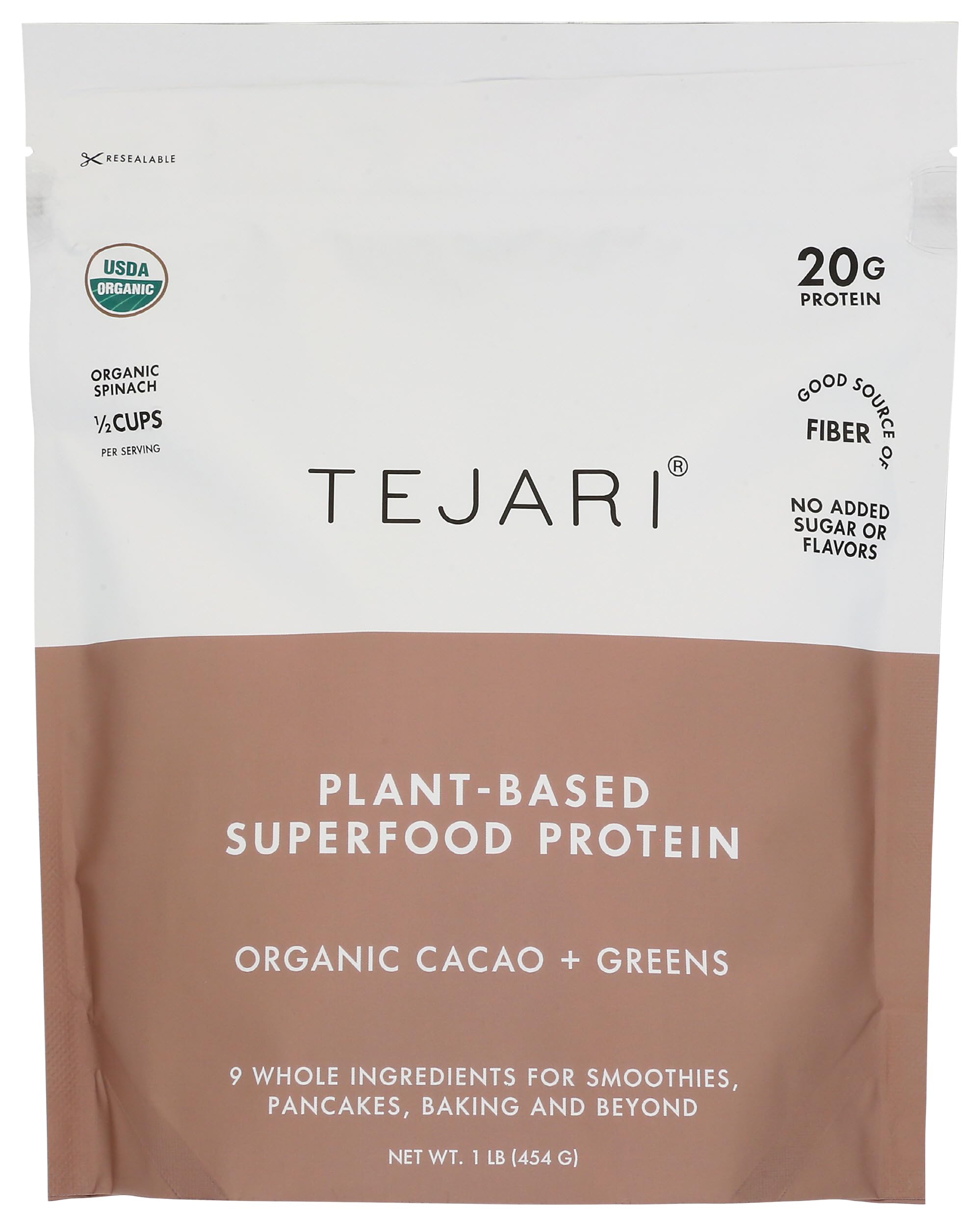 TEJARI Organic Plant Based Protein Blend | Organic Cacao | 16 oz, 16 Servings | Vegan, Low Sugar, Gluten Free, Low Carb, Non-GMO, Stevia Free, Soy