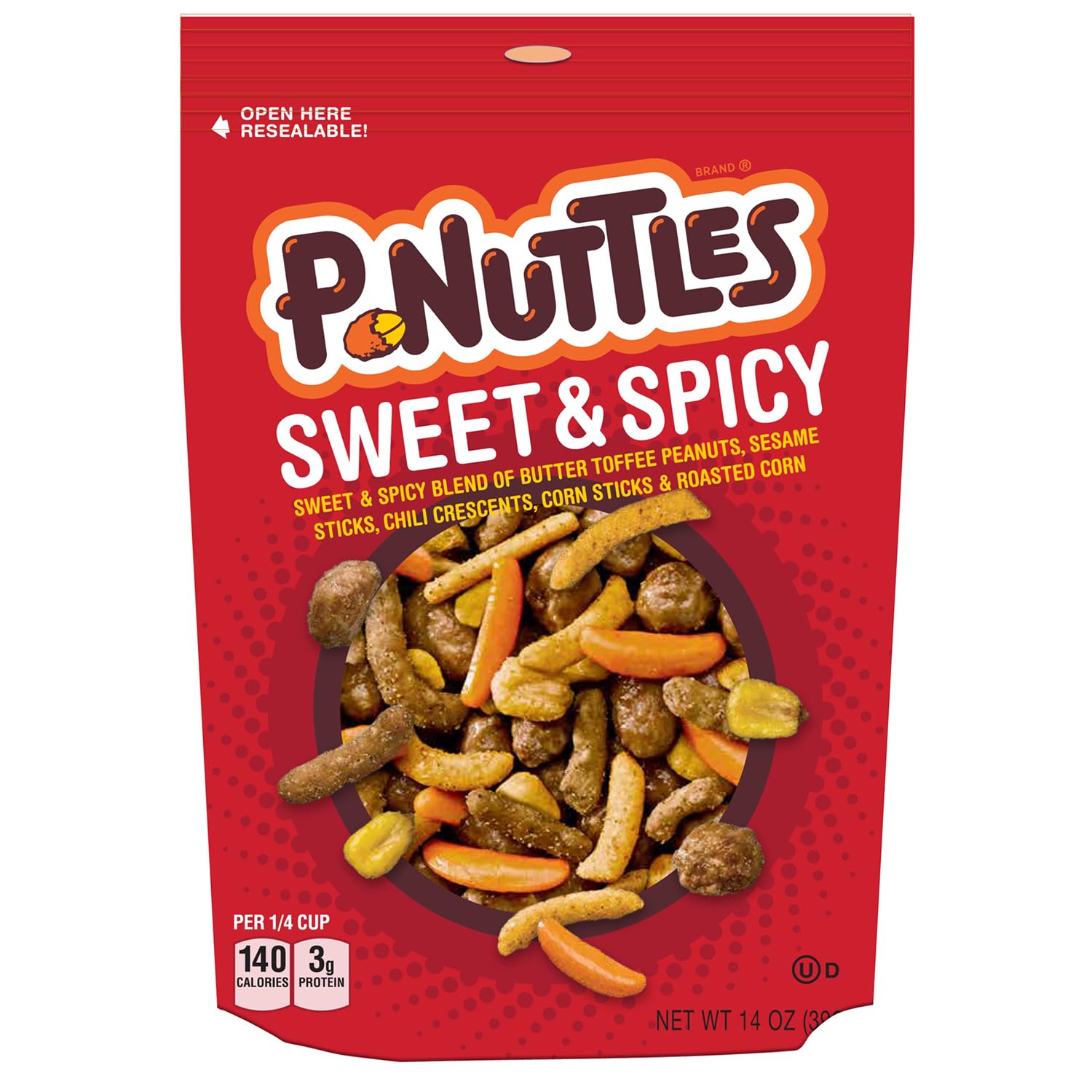 P-Nuttles Sweet & Spicy Snack Mix, 14oz Resealable Bag (Pack of 1) - Butter Toffee Covered Peanuts w/ Sesame Sticks, Chili Crescents, Corn Sticks