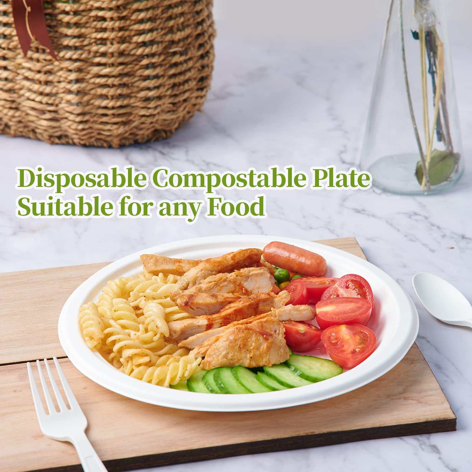 ECOLipak 100% Compostable 10 Inch Heavy Duty Paper Plates, 150 Pack Disposable Biodegradable Eco-friendly Sugarcane Bagasse Plates for Dinner