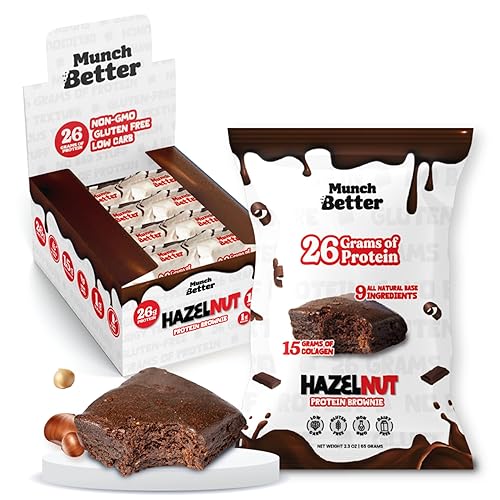 Munch Better Hazelnut Protein Brownies - 26g Protein, Dairy-Free, Gluten-Free, Low Sugar, 15g Collagen, Clean Ingredients - 8 Count Box