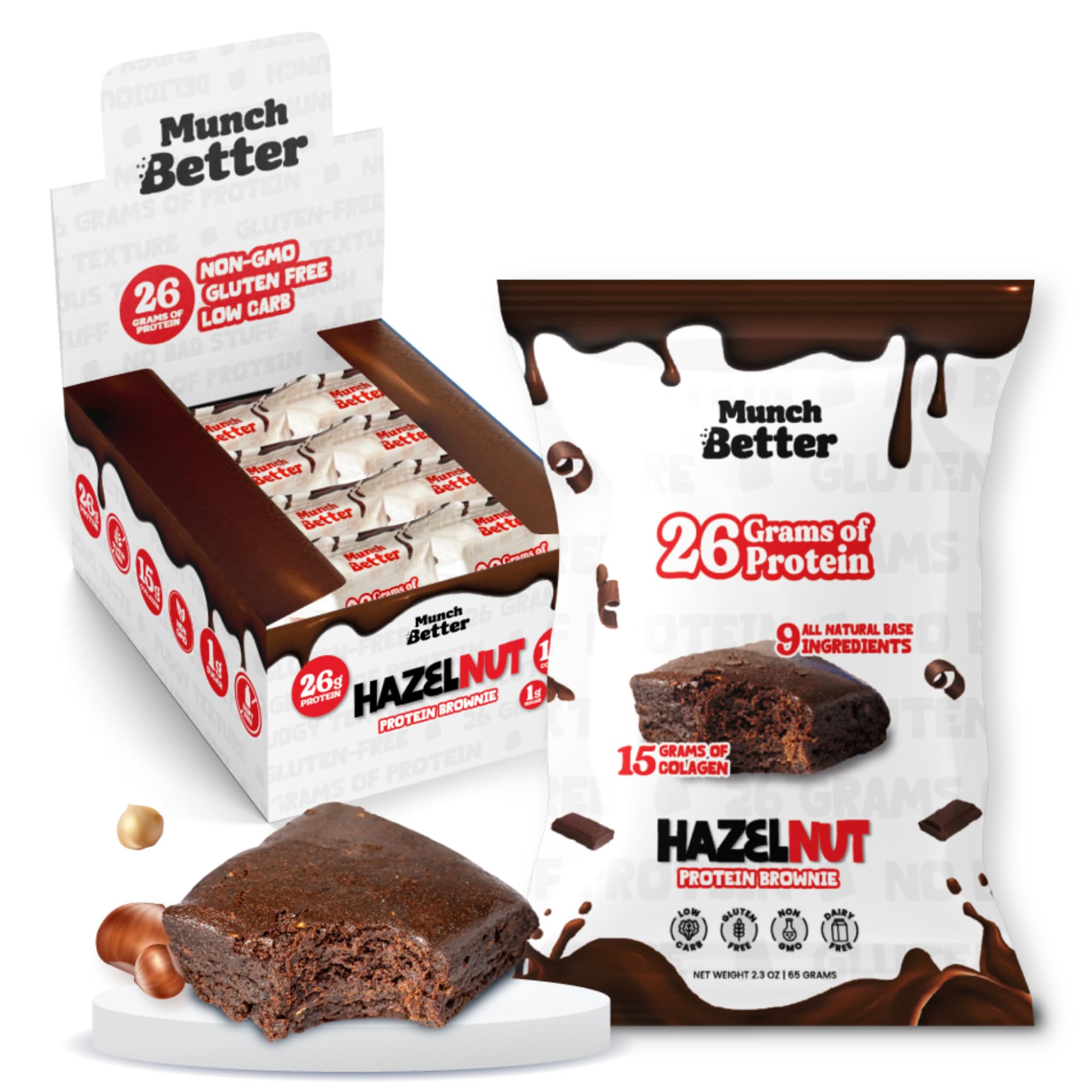 Munch Better Hazelnut Protein Brownies - 26g Protein, Dairy-Free, Gluten-Free, Low Sugar, 15g Collagen, Clean Ingredients - 8 Count Box