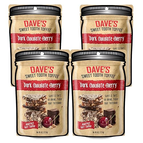 Dave's Sweet Tooth Toffee - Dark Chocolate Cherry Toffee Gift Set (4 oz. x 4) - Handmade Dark Chocolate Covered Cherries Toffee with Real Butter, Real