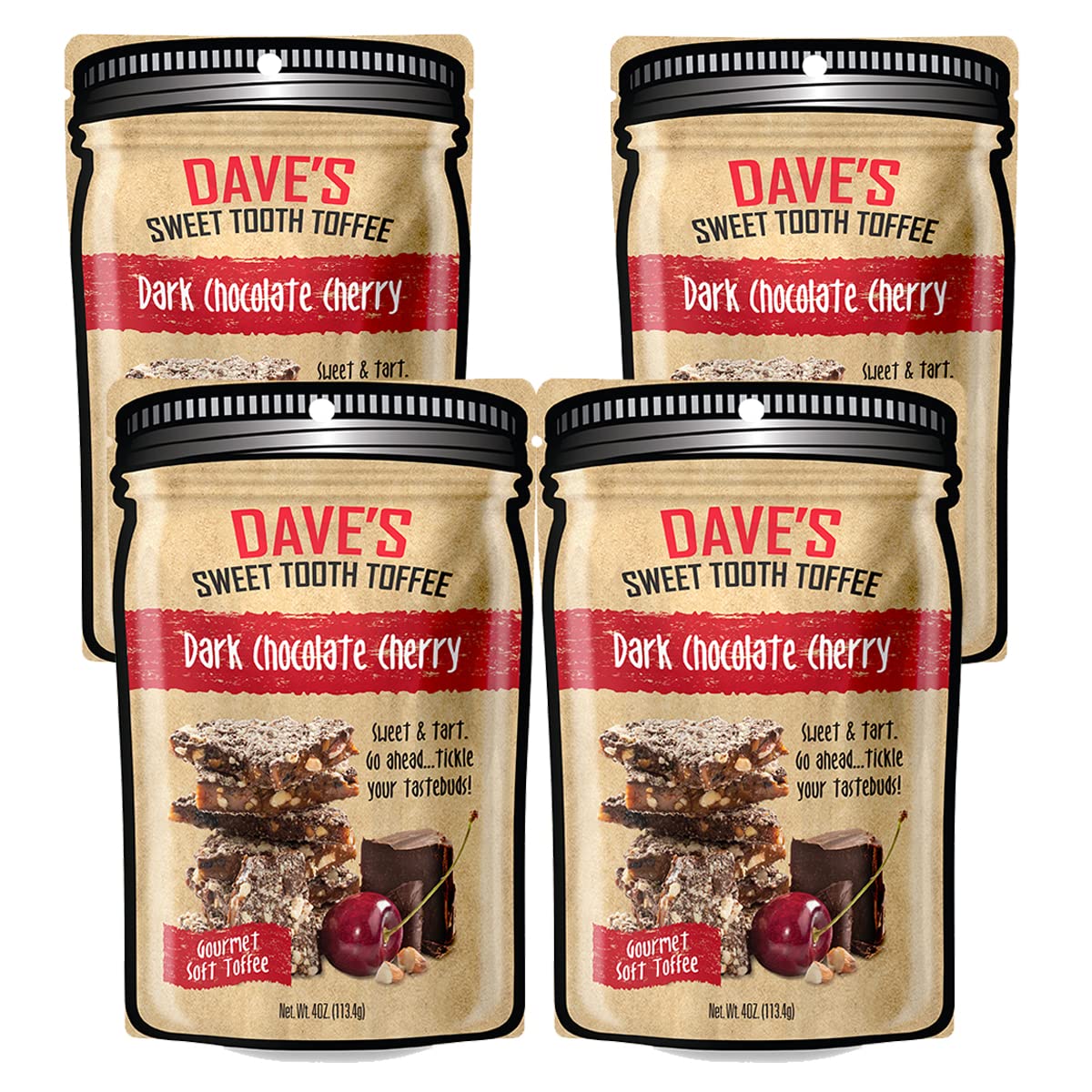Dave's Sweet Tooth Toffee - Dark Chocolate Cherry Toffee Gift Set (4 oz. x 4) - Handmade Dark Chocolate Covered Cherries Toffee with Real Butter, Real
