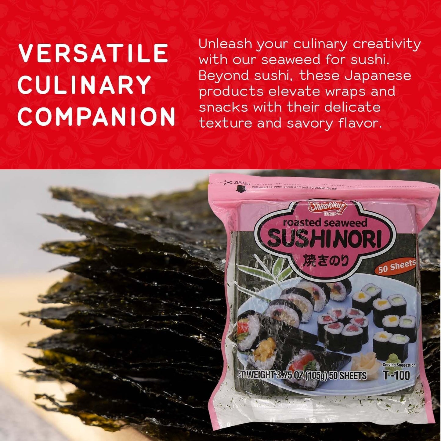 "Shirakiku Sushi Nori Seaweed - Japanese Sushi Nori Roasted Seaweed Sheets for Sushi Rolls | Perfect for Soups, Tofu, and Salads | Pack of 1 Contains