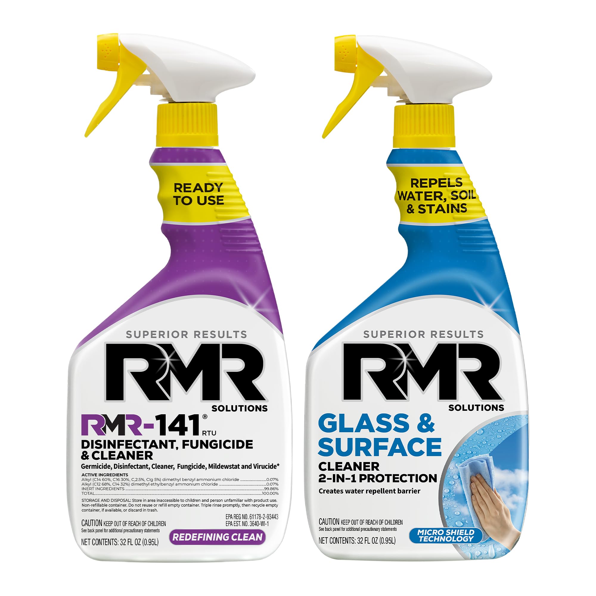 RMR Defend & Detail Duo - RMR-141 EPA Registered Mold & Mildew Spray + Glass & Surface Cleaner/Repellent, 2-Step Clean & Protect System for Glass