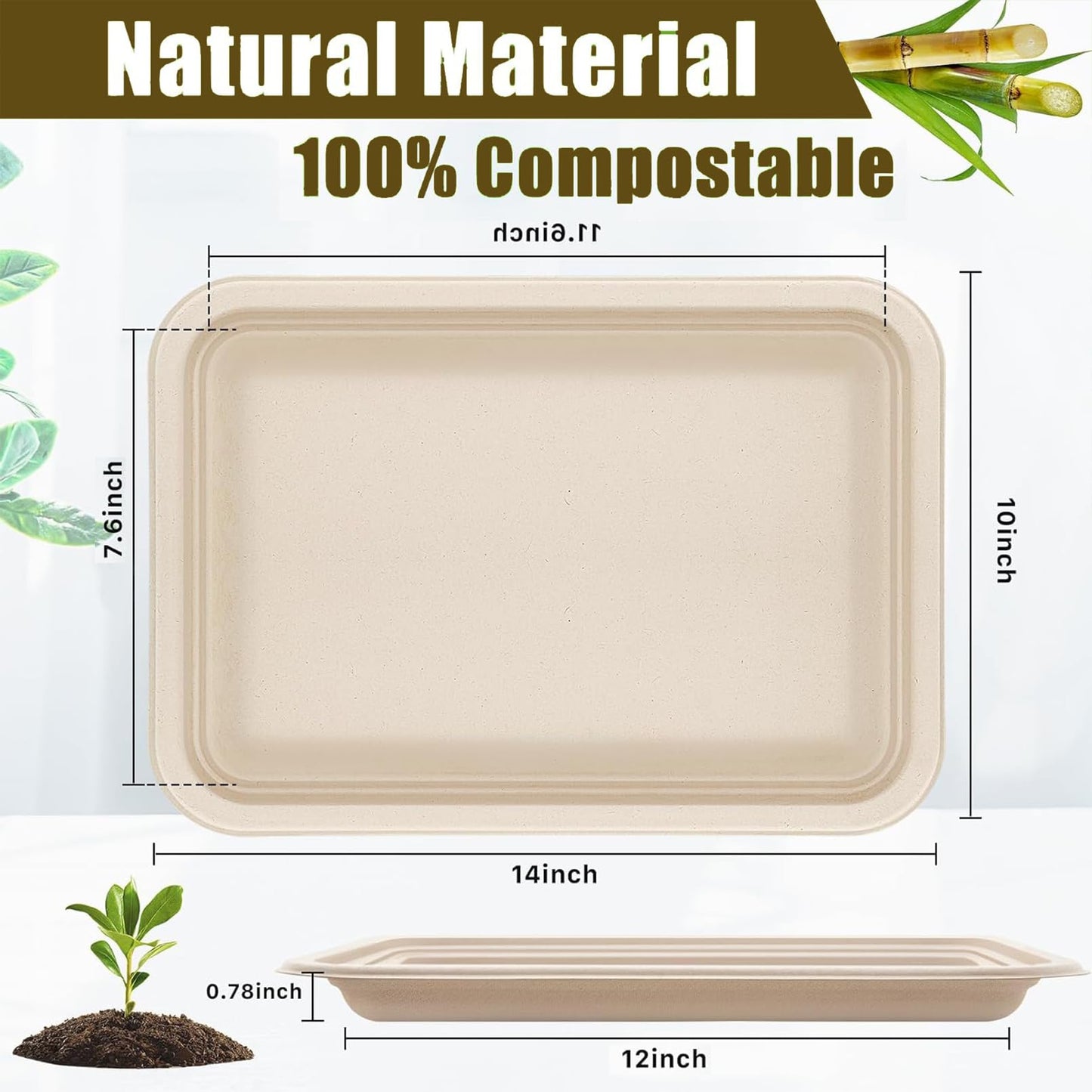Yihurlm 50 Pack Disposable Food Trays,14 Inch Extra Large Paper Plates,Heavy Duty Disposable Trays,Compostable Food Serving Trays, Biodegradable