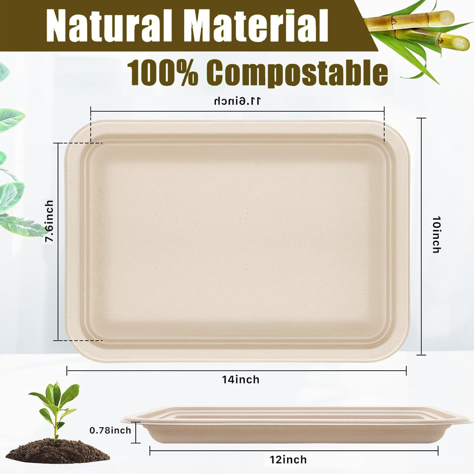 Yihurlm 50 Pack Disposable Food Trays,14 Inch Extra Large Paper Plates,Heavy Duty Disposable Trays,Compostable Food Serving Trays, Biodegradable