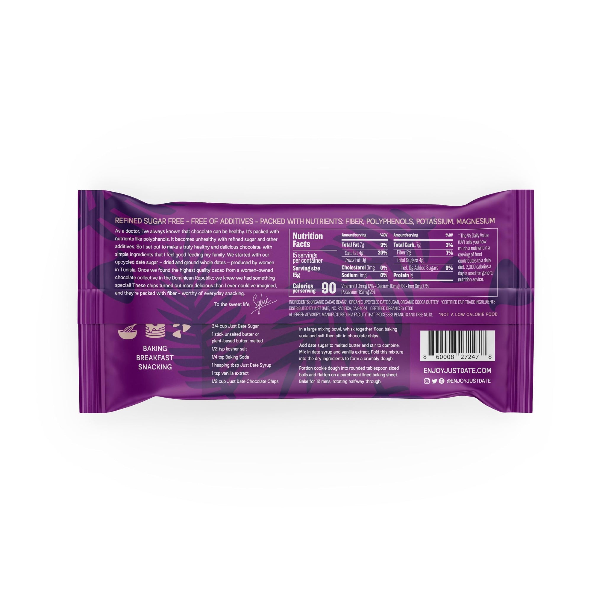 Just Date Organic Date Sweetened Dark Chocolate Chips / 65% Cacao / Vegan / No Sugar Added / Only 3 Ingredients / Low Glycemic Index / 8 Oz